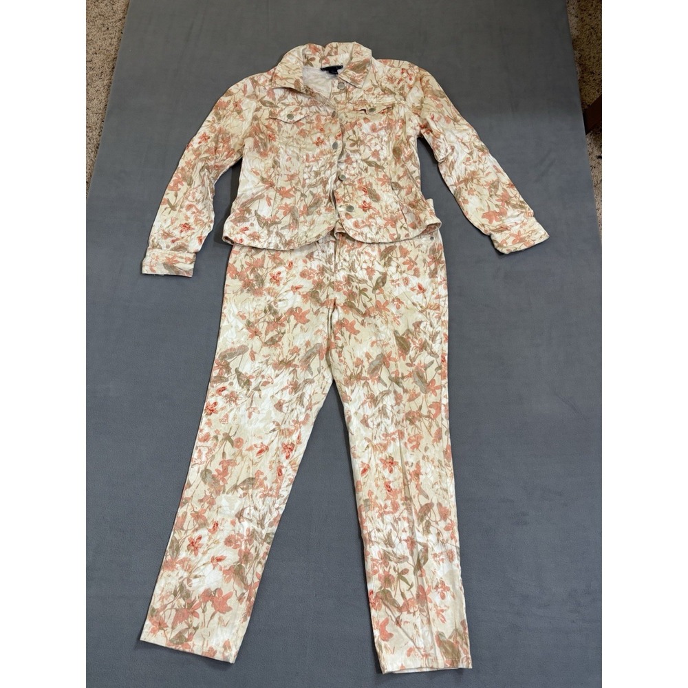 Charter Club Jean Set Jacket and‎ Pants Floral Cotton Stretch White Pink  Autumn